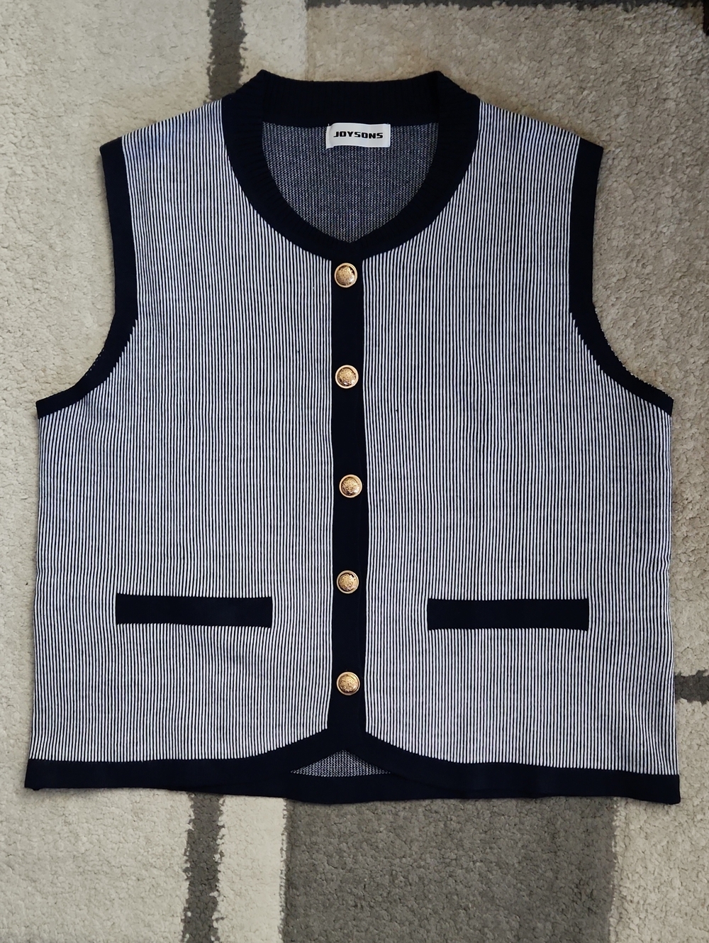 Sleeveless Stripe Blue Navy & White Knit Vest Button-Front - Womens Size Medium - Picture 2 of 9